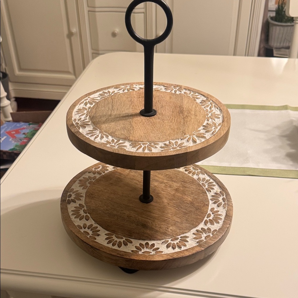 Rustic Brown Two-Tier Wooden Serving Stand